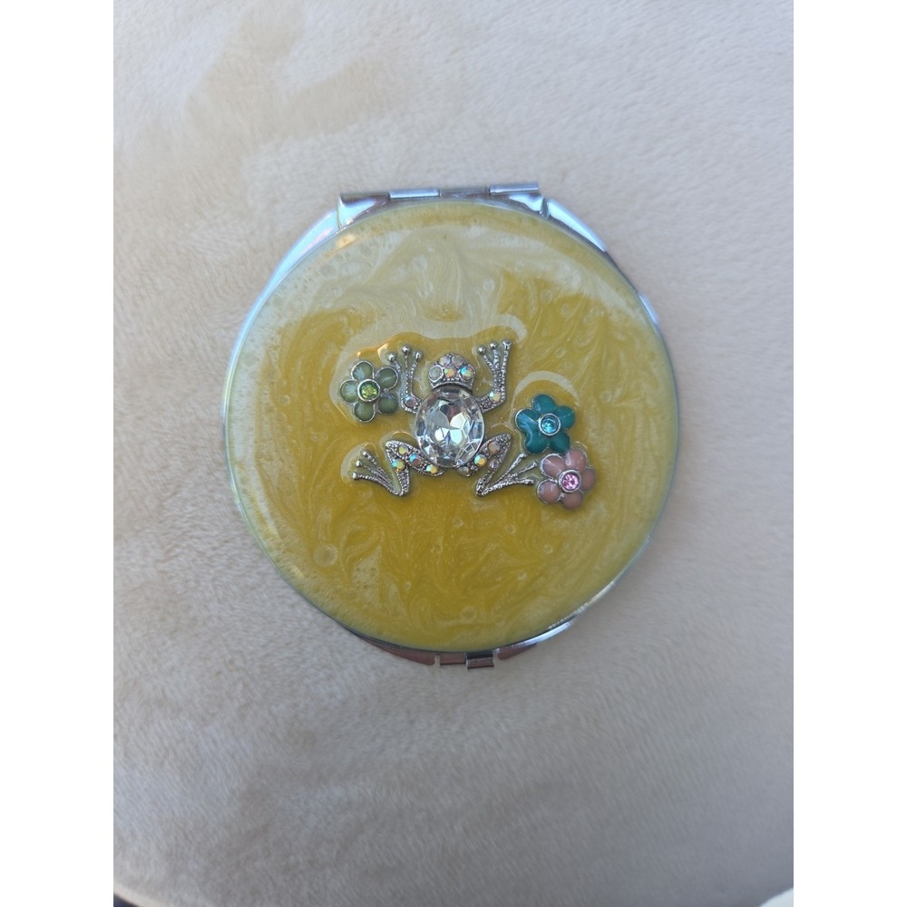 Vintage Enamel Frog And Flowers Compact Mirror With Rhinestones